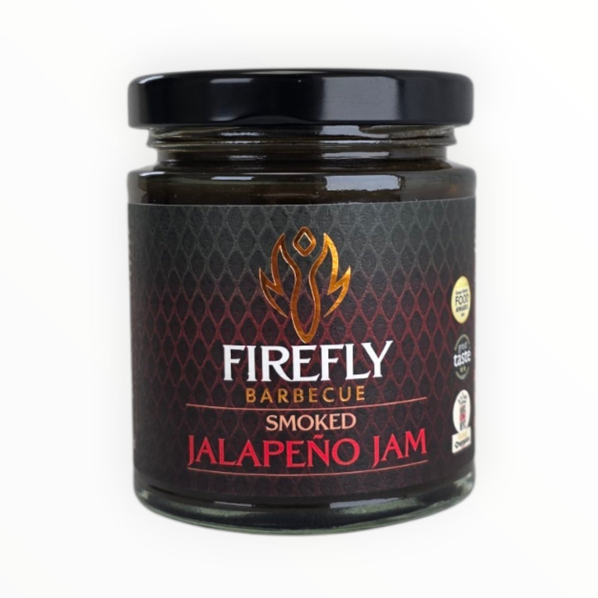 Smoked Jalapeño Jam hot sauce bottle from FireFly Barbecue with label and vibrant orange color, ready for spicy flavor enhancement.