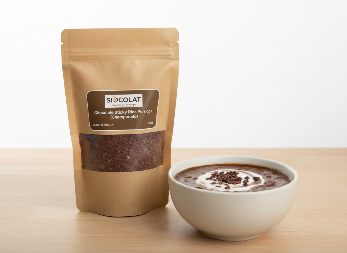 Vegan Siocolat No Added Sugar Chocolate Rice Porridge dessert in a bowl, creamy and rich with chocolate flavor, served hot.