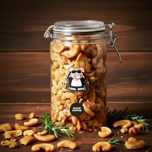 Pork scratching jar with salt and cracked black pepper flavor from Cool Hog Snacks, showing seasoned crispy pork snacks in a clear jar.