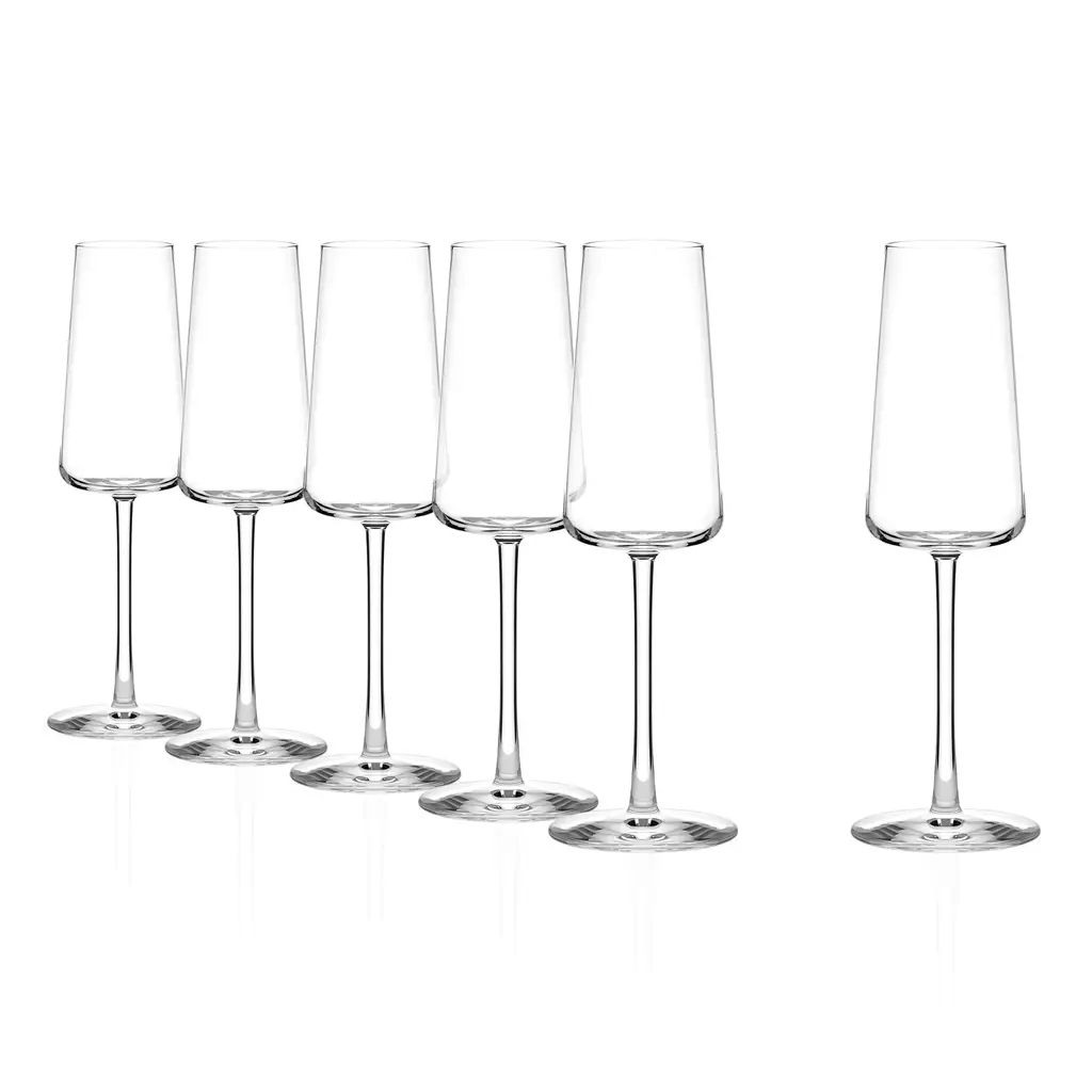 Set of six Stolzle Power Champagne Flutes, 240ml, clear glassware with slender stems, perfect for celebrating special occasions.