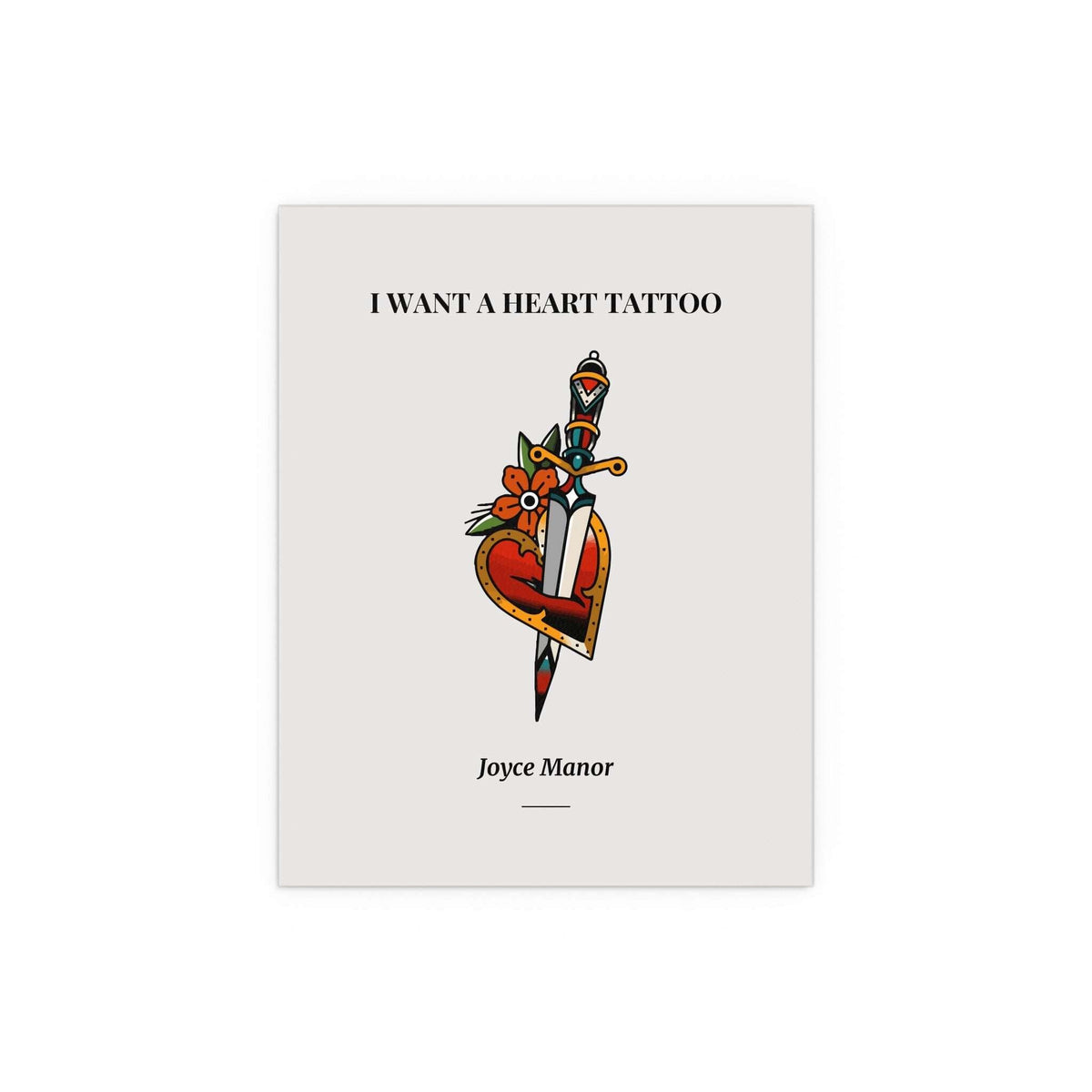 Joyce Manor Heart Tattoo poster, black and white art print from Glow On Prints, featuring a heart tattoo design on paper.