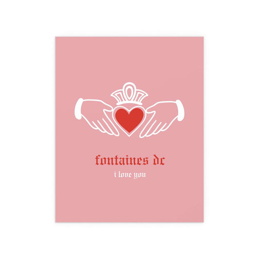 Irish Claddagh poster by Glow On Prints featuring pink and red hearts, inspired by Fontaines DC's "I Love You" design.