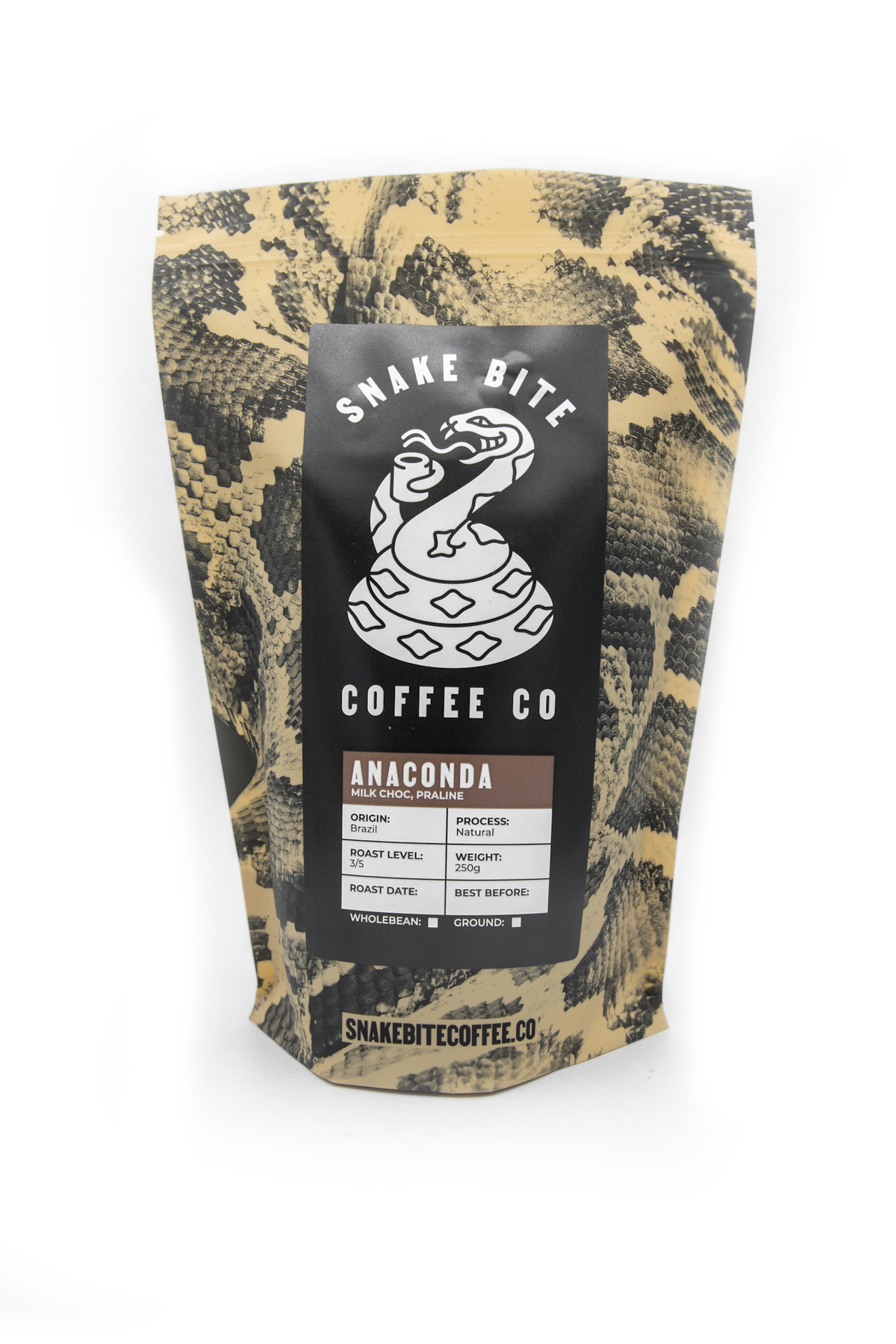 250g bag of Snake Bite Coffee Anaconda Brazil coffee beans, showcasing the packaging with the product name and brand.