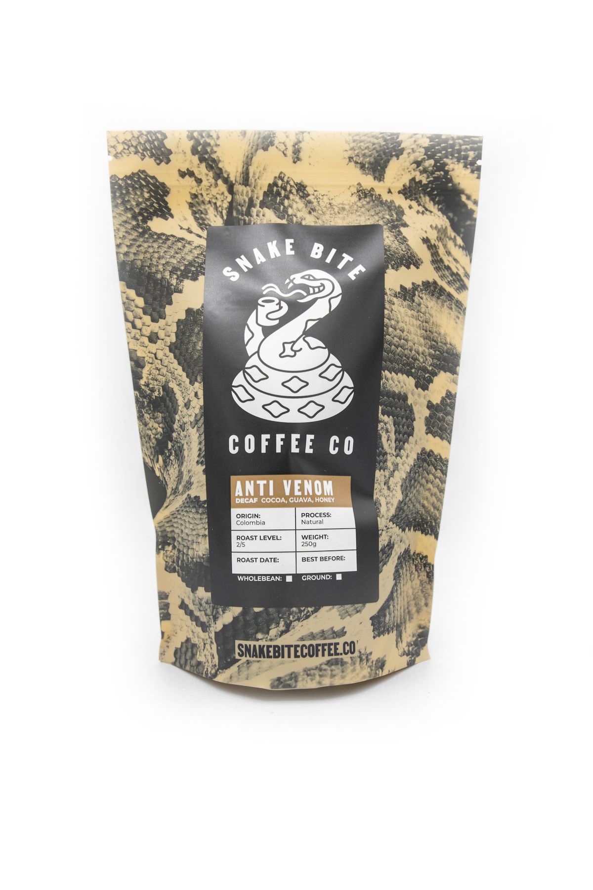 250g package of Snake Bite Coffee Anti-Venom decaffeinated Colombian coffee beans, ready for brewing.