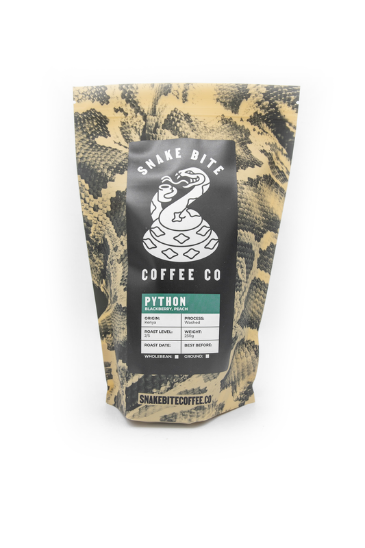250g package of Snake Bite Coffee Python Kenya coffee beans, showcasing the coffee bag with branding and product label.