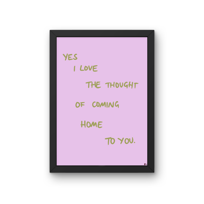 Lilac and green romantic music art print titled "Coming Home To You" by Peak Prints, featuring floral and musical design elements.