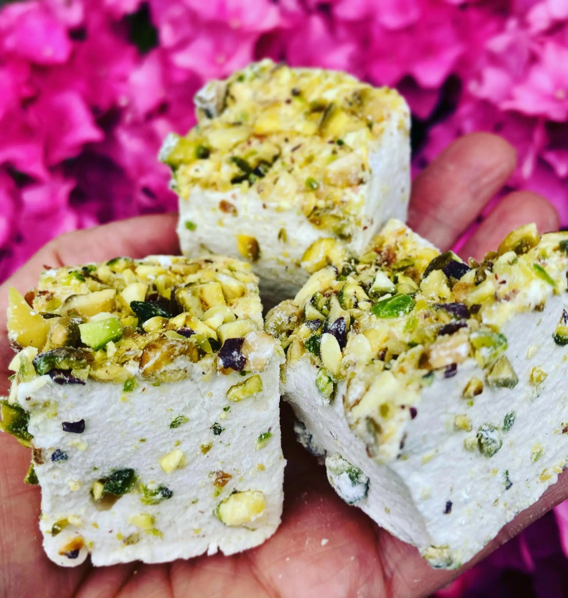 Kensal Sugar Kitchen pistachio and vanilla marshmallows with green pistachio pieces and creamy vanilla flavor, soft and fluffy.