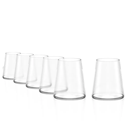 Six Stolzle Power Stemless Red Wine Glasses by Glassware UK, 515ml capacity, shown in a box.