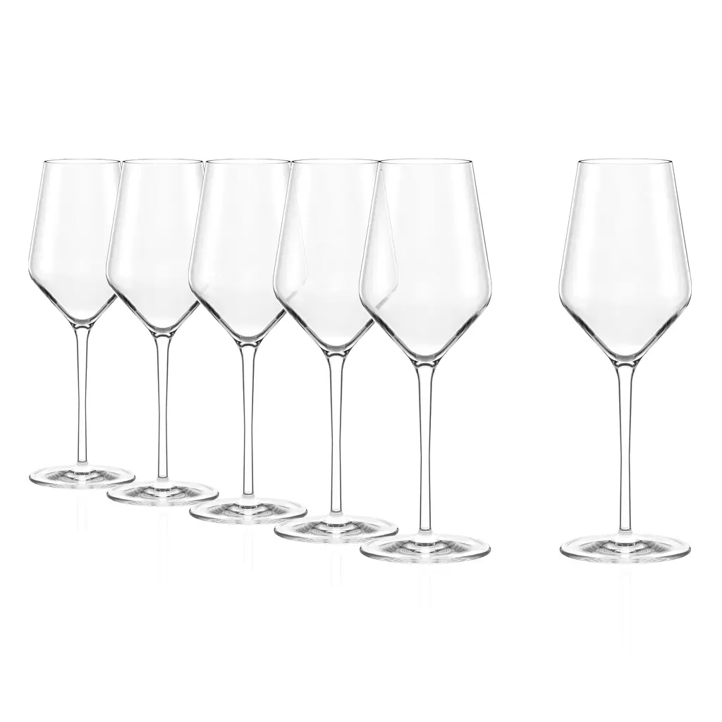 Set of 6 Stolzle Lausitz Quatrophil white wine glasses, 405ml capacity, made of clear glass, perfect for elegant wine serving.