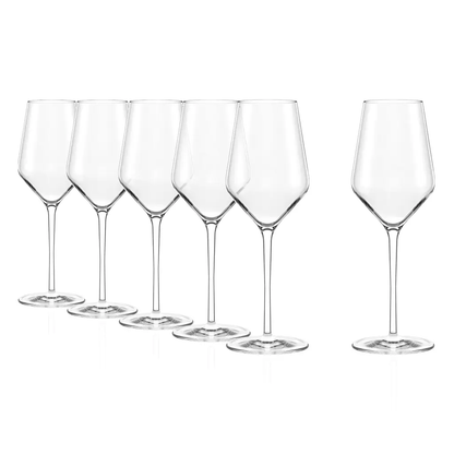 Set of 6 Stolzle Lausitz Quatrophil white wine glasses, 405ml capacity, made of clear glass, perfect for elegant wine serving.