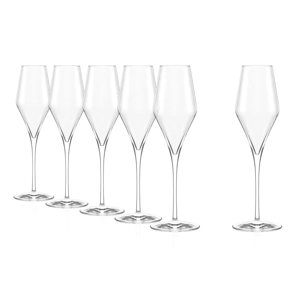 Pair of Stolzle Lausitz Quatrophil champagne flutes, 290ml glassware by Glassware UK, showing elegant clear glass wine glasses.