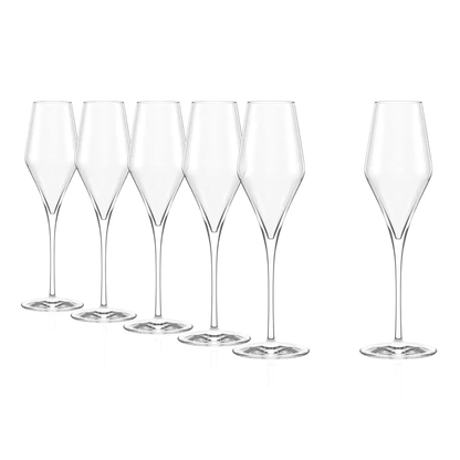 Pair of Stolzle Lausitz Quatrophil champagne flutes, 290ml glassware by Glassware UK, showing elegant clear glass wine glasses.