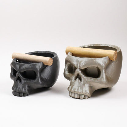 Gothic Skull Espresso Knock Box with Oak Bar by KNOCDIC® featuring a black skull design and a sturdy wooden bar for coffee grounds.
