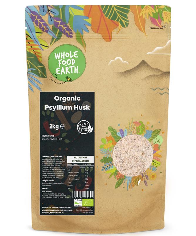 Organic Psyllium Husk from Whole Food Earth, showing a close-up of the brown, ground fiber in a natural container.