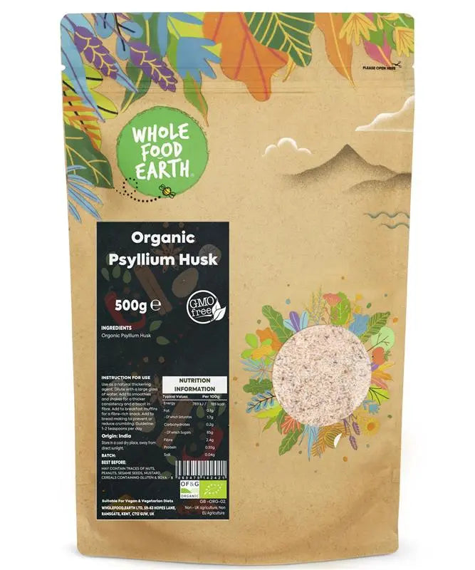 Organic Psyllium Husk from Whole Food Earth, specialty dietary supplement in a clear glass jar with a scoop, showing the fine powder.