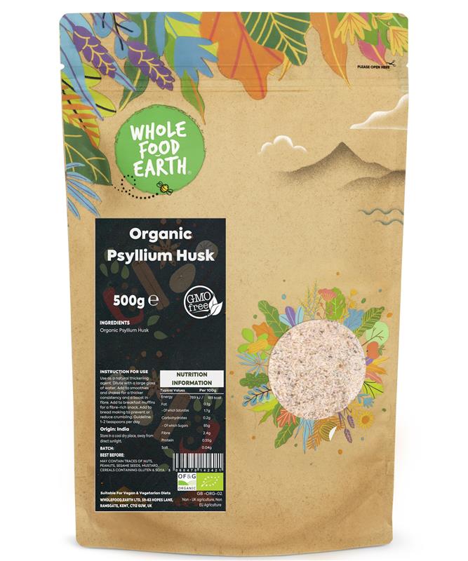 Organic Psyllium Husk from Whole Food Earth, a specialty dietary supplement in a clear container with fine, beige powder visible inside.