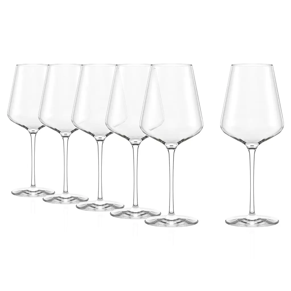 Set of two Stolzle Lausitz Quatrophil Bordeaux wine glasses, 645ml capacity, made of clear glass with elegant stems.