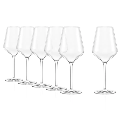 Set of two Stolzle Lausitz Quatrophil red wine glasses, 570ml, with clear glass bowls and elegant stems, designed for enjoying red wine.