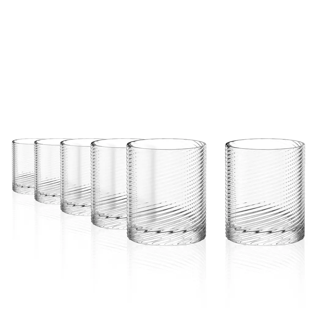 Two Stolzle Lausitz Berlin whisky tumblers, 500ml each, in a box of six, made of clear glass, on a wooden surface.