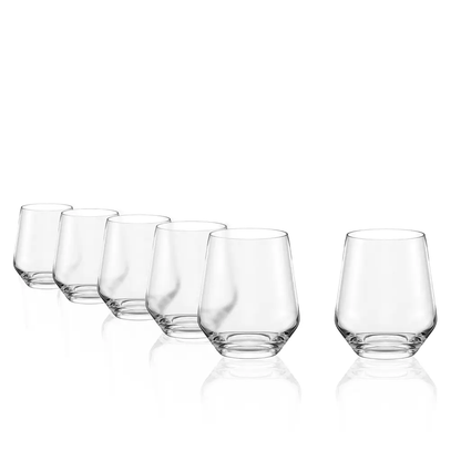 Set of six Stolzle Lausitz Quatrophil whisky tumbler glasses, 470ml each, made of clear glass in a stylish box.