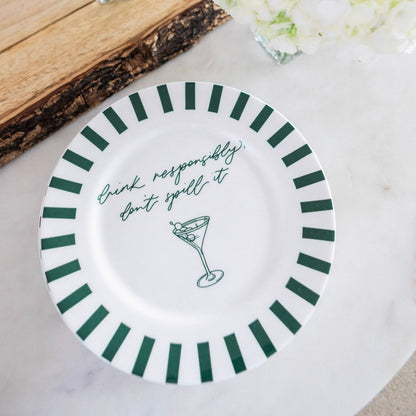 Elegant Avalon Home UK bone china plate with "Drink Responsibly, Don't Spill" message, featuring a delicate floral design.