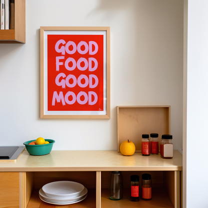 Pink and red kitchen print featuring food and drink illustrations, vibrant and playful design by Peak Prints.