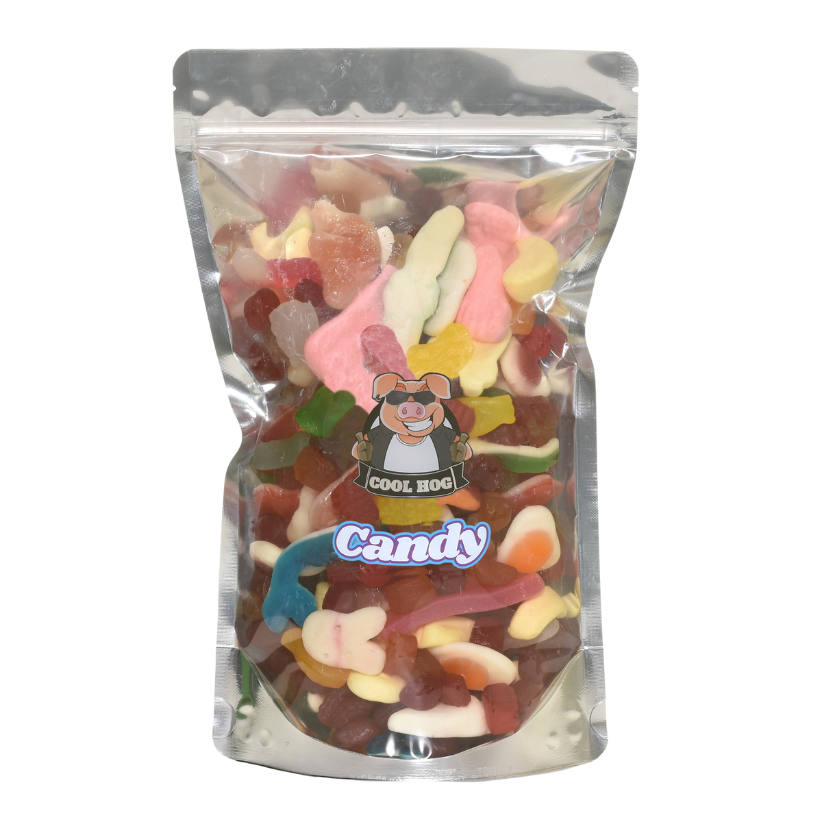 Colorful rainbow jelly candies in a resealable bag from Cool Hog Snacks, 1kg bag of chewy, fruity sweets.