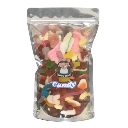 Colorful rainbow jelly candies in a resealable bag from Cool Hog Snacks, 1kg bag of chewy, fruity sweets.