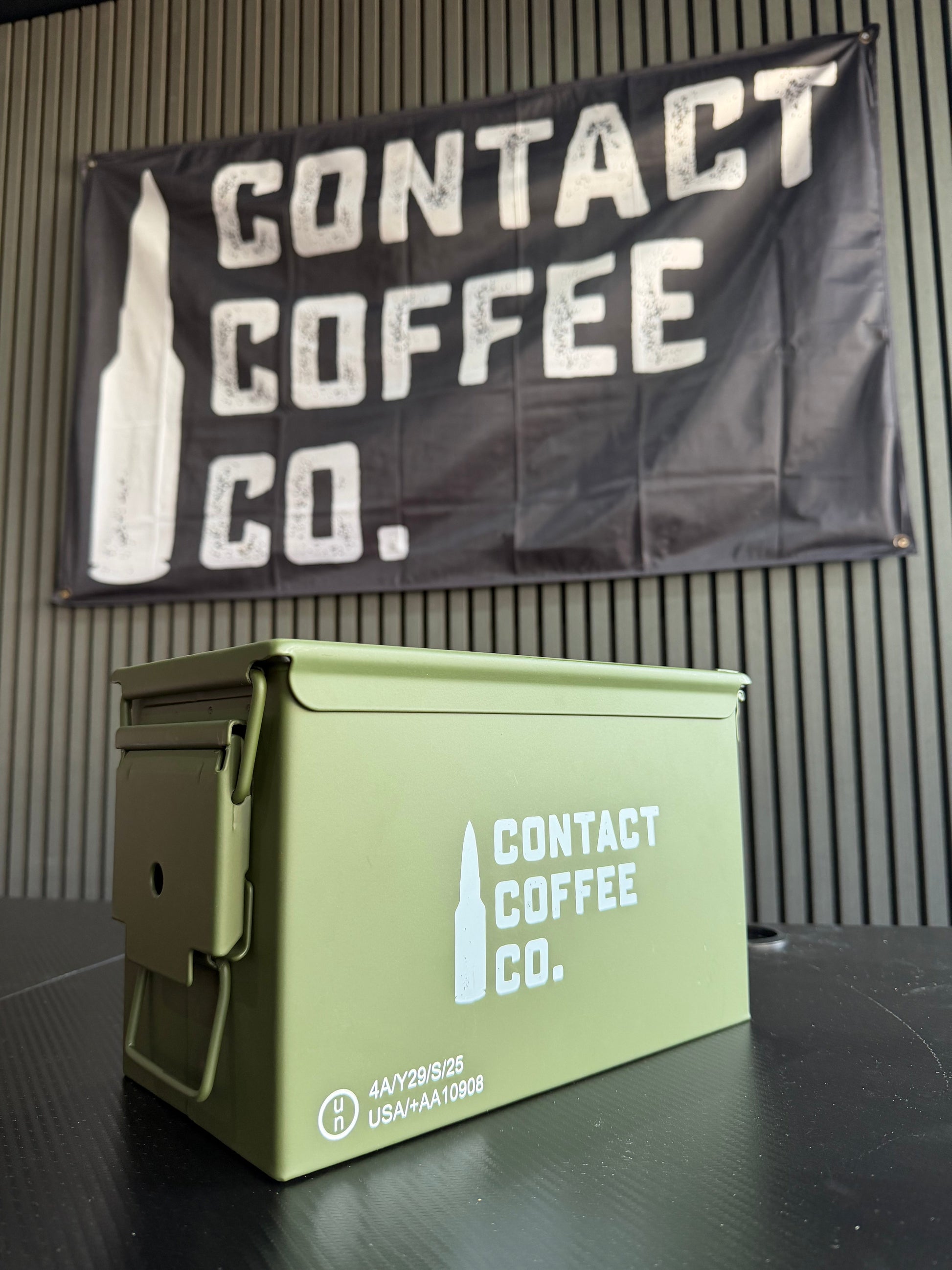 Contact Coffee Company Ltd. Coffee Ammo Box gear with metal construction, vintage style, and sturdy handle for storage or display.