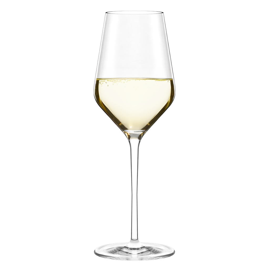 Set of six Stolzle Lausitz Quatrophil white wine glasses, 405ml capacity, clear glassware for elegant wine serving.