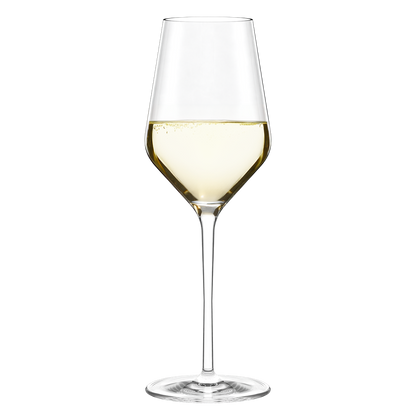Set of six Stolzle Lausitz Quatrophil white wine glasses, 405ml capacity, clear glassware for elegant wine serving.