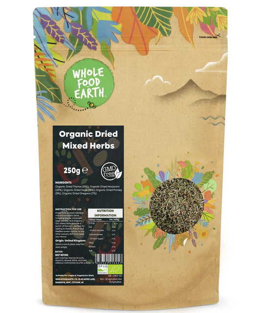Organic mixed herbs from Whole Food Earth, a blend of fresh herbs and spices in a clear glass jar.