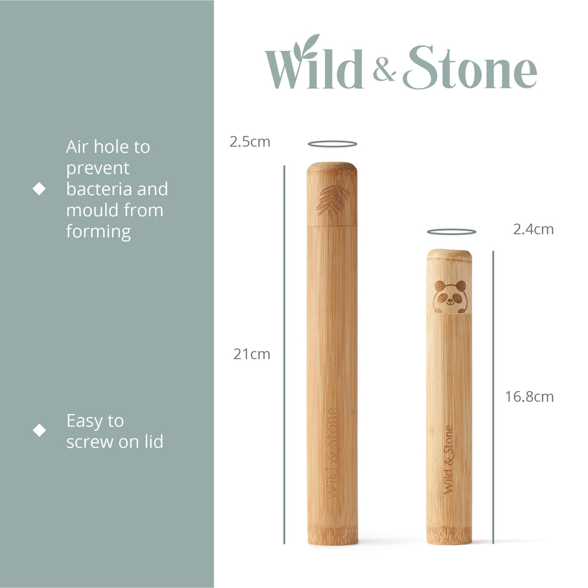 Child's bamboo toothbrush travel holder in a natural bamboo case, designed for kids' toothbrush storage by Wild And Stone.