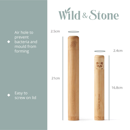 Child's bamboo toothbrush travel holder in a natural bamboo case, designed for kids' toothbrush storage by Wild And Stone.