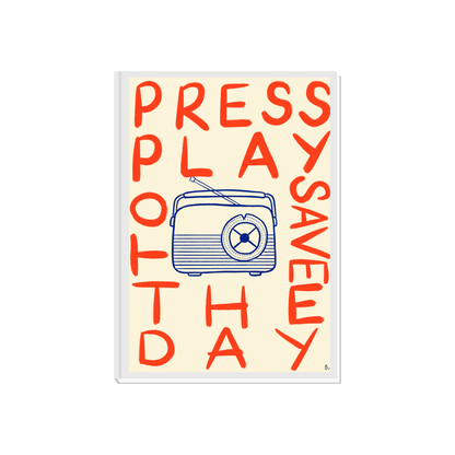 Colorful maximalist typographic music print titled "Press Play" by Peak Prints, featuring bold, playful text design on a white background.