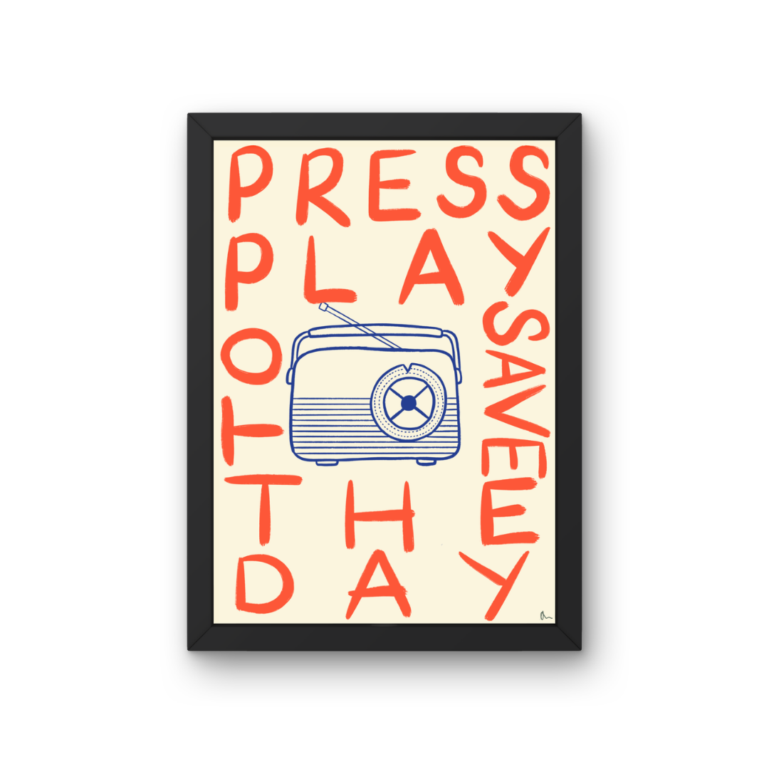 Colorful typographic music print by Peak Prints featuring the phrase "Press Play" in playful, bold letters on white background.