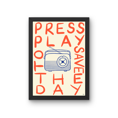 Colorful typographic music print by Peak Prints featuring the phrase "Press Play" in playful, bold letters on white background.