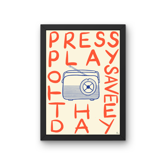 Colorful typographic music print by Peak Prints featuring the phrase "Press Play" in playful, bold letters on white background.