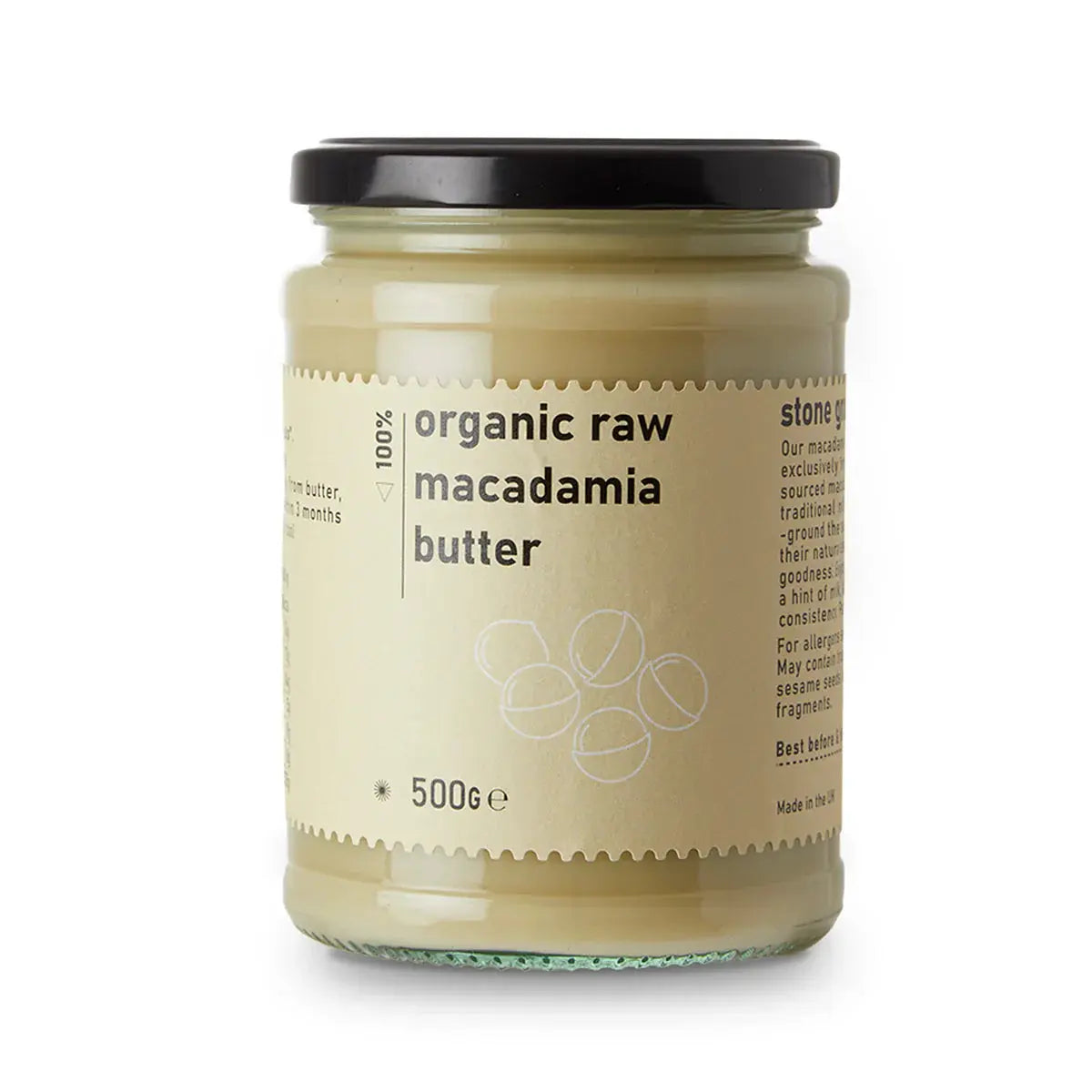Creamy organic raw macadamia butter from Whole Food Earth, made from pure raw macadamia nuts in a jar.
