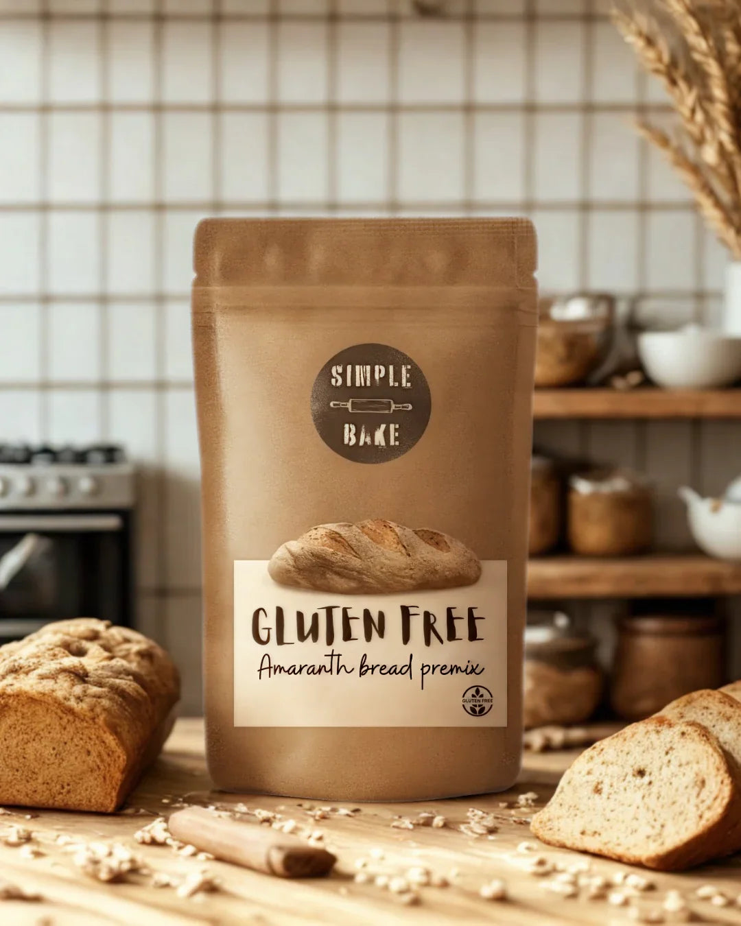 Simple Bake gluten-free amaranth bread premix package with ingredients and baking instructions visible.