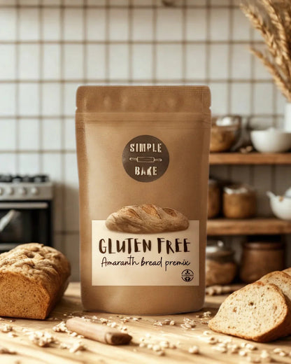 Simple Bake gluten-free amaranth bread premix package with ingredients and baking instructions visible.