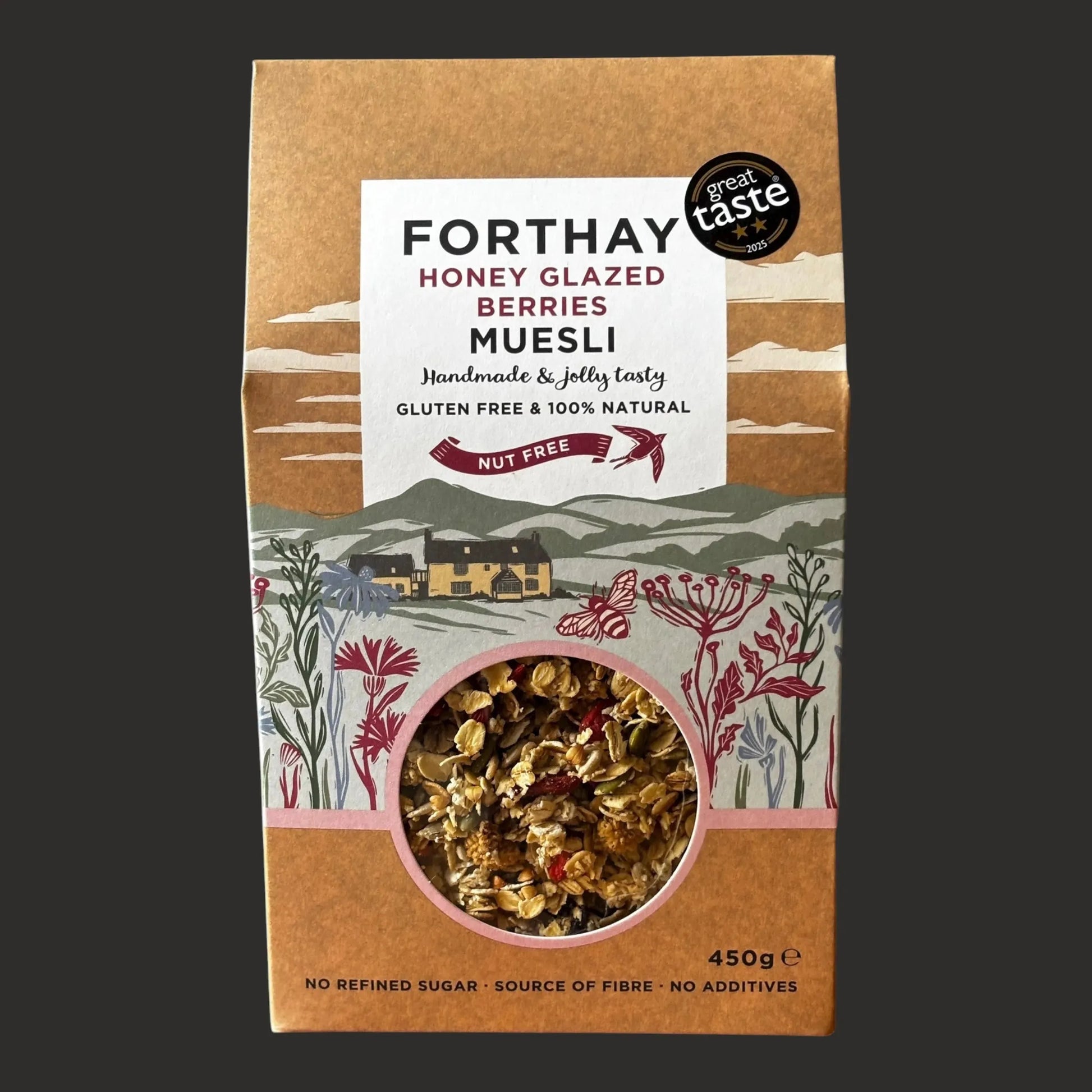 ArtisanBox Selection Forthay Luxury Muesli with honey-glazed berries in a bowl, showcasing a mix of oats, dried fruits, and berries.