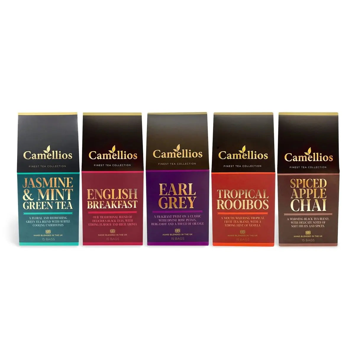 Assorted Camellios Tea & Infusions collection with various tea leaves and infusions in elegant packaging.