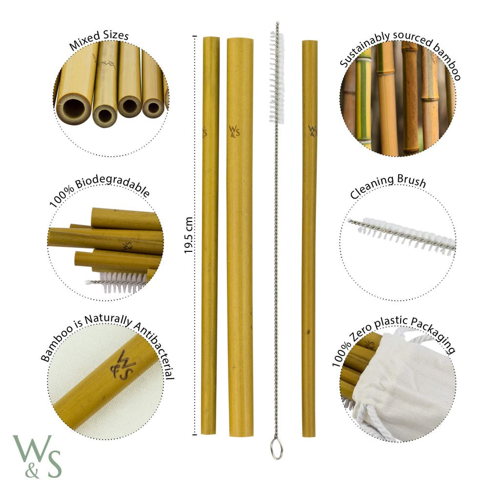 Set of 10 reusable bamboo drinking straws from Wild And Stone, eco-friendly and natural bamboo straws for beverages.