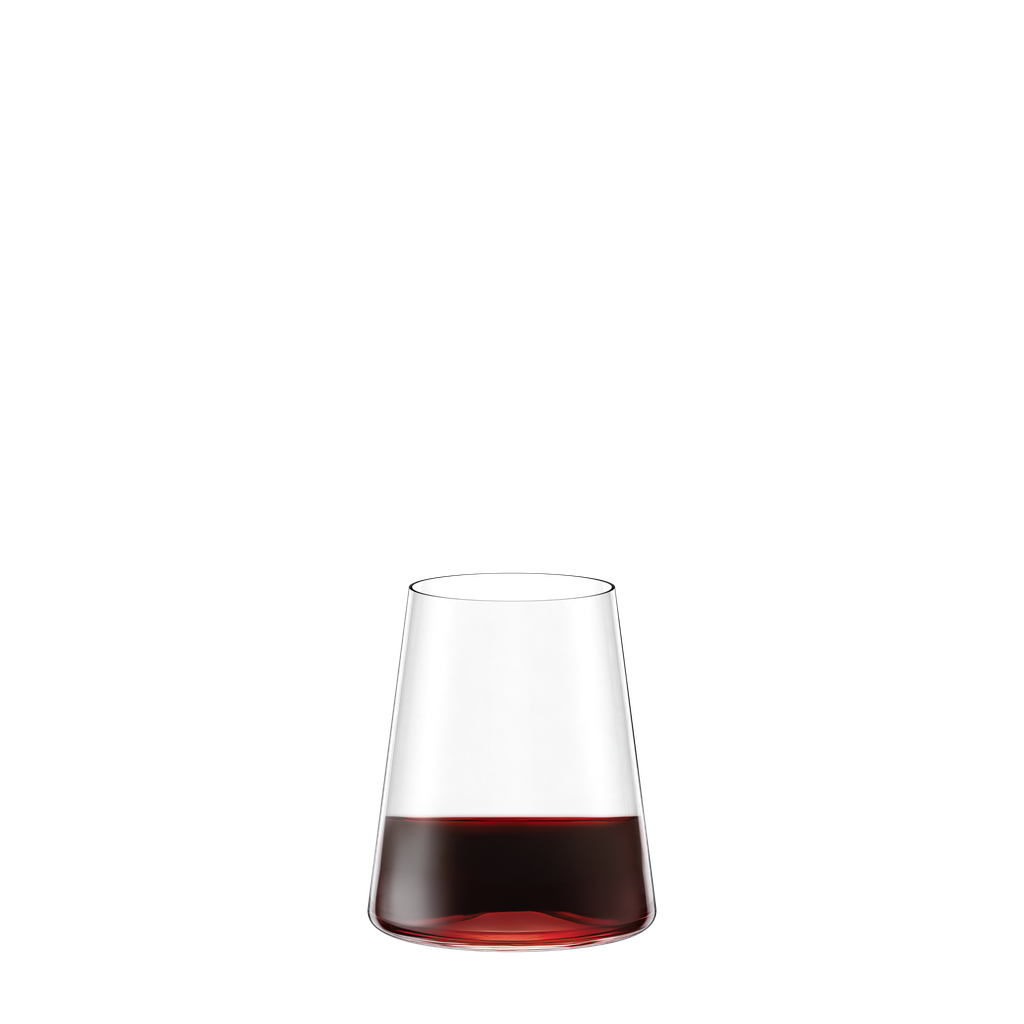 Set of six Stolzle Power stemless red wine glasses, 515ml capacity, made by Glassware UK, shown in a box.