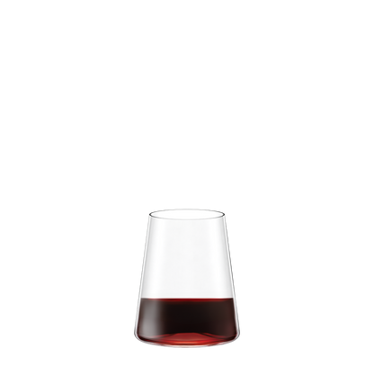 Set of six Stolzle Power stemless red wine glasses, 515ml capacity, made by Glassware UK, shown in a box.