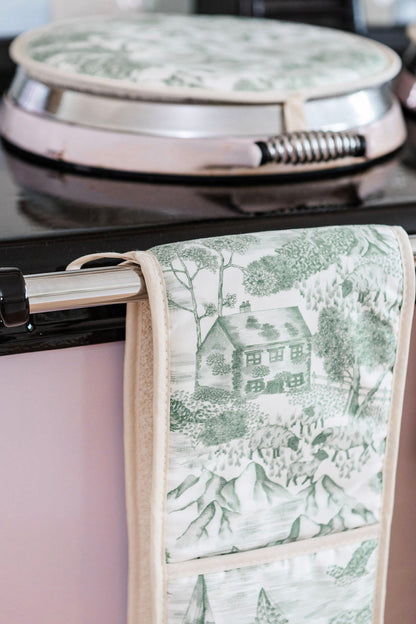 Avalon Home UK Lake District Toile oven glove with blue and white checkered pattern, heat-resistant fabric, and hanging loop.