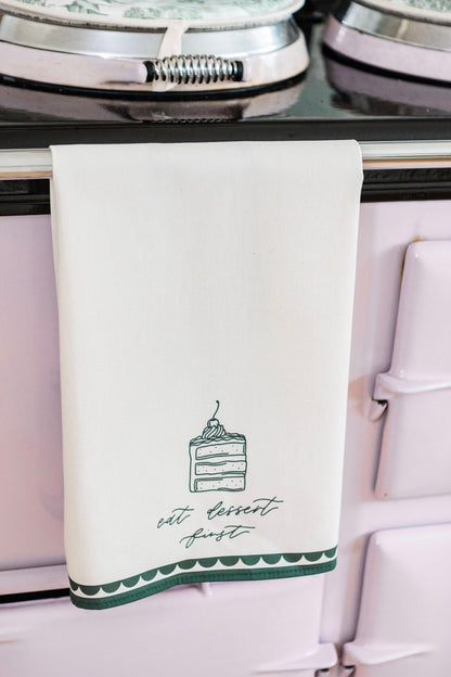 Eat Dessert First tea towel by Avalon Home UK, featuring a charming printed design, soft fabric, and vibrant colors.