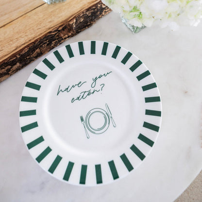 Avalon Home UK Have You Eaten Bone China Plate, elegant white dinnerware with a subtle design, set against a neutral background.