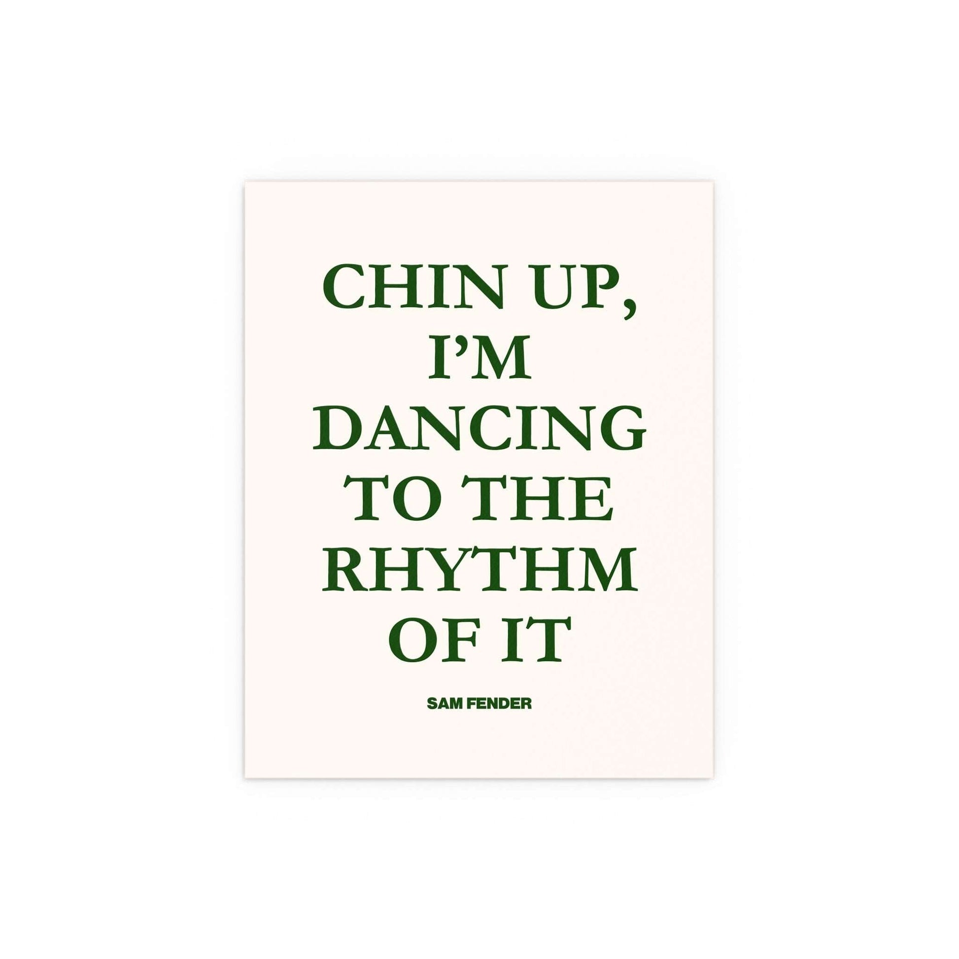 Green and off-white poster of Sam Fender's "Chin Up" by Glow On Prints, featuring a vibrant, artistic portrait of the musician.
